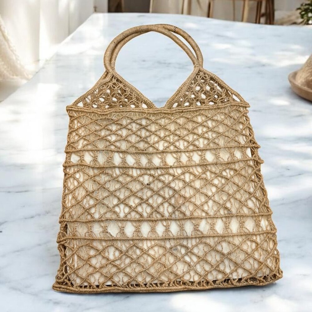 Vintage Crochet Jute Handbag With Lining Double Handles - Picture 3 of 8